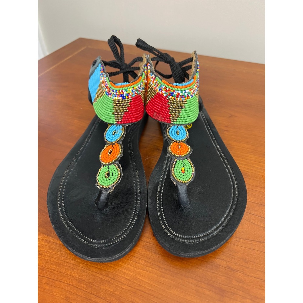 Maasai Beaded Genuine Leather Sandals Women 38 Black Multi Color Lace Up Flat